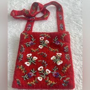 Saks Fifth Avenue Folio Red Tiny Beaded Flowers Coachella Festival Crossbody NWT